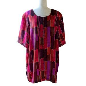VINTAGE Geometric 80's Tunic Blouse Button Up Short Sleeve Red Plus Size 4X